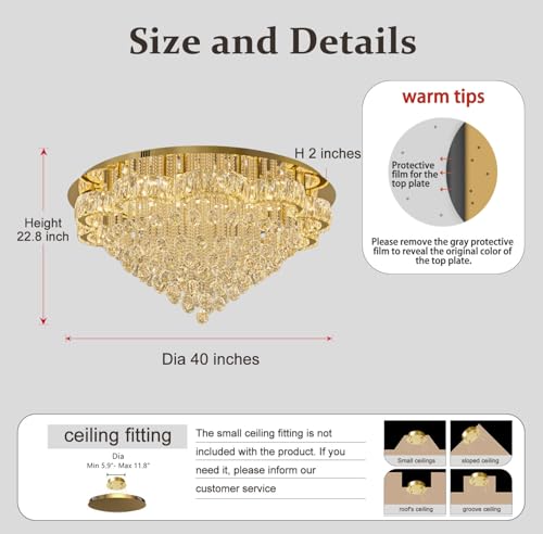 40in Modern LED Gold Chandelier for Living Room Round Crystal Ceiling Light Fixtures Flush Mount Chandeliers Ceiling Chandelier for Foyer Hallway Dining Room (Gold / 40inch)