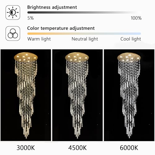 78'' Modern Crystal Chandelier High Ceiling Chandeliers for Entryway Large Raindrop Chandeliers LED Dimmable Flush Mount Light Fixtures for Staircaes Foyer Hallway Living Room LED Bulbs Included Gold (D24'' x H78'' Gold)