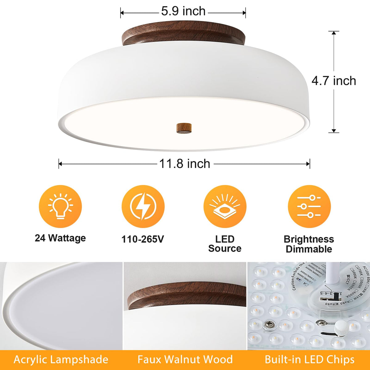 Dimmable LED Ceiling Light Fixture (White Walnut / 11.81IN)