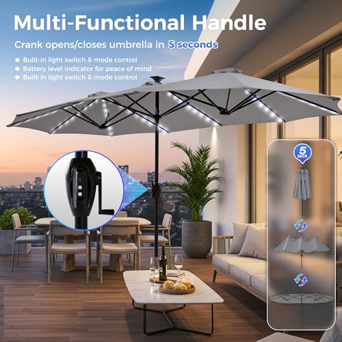13ft Outdoor Patio Umbrella with Solar Lights (Grey)