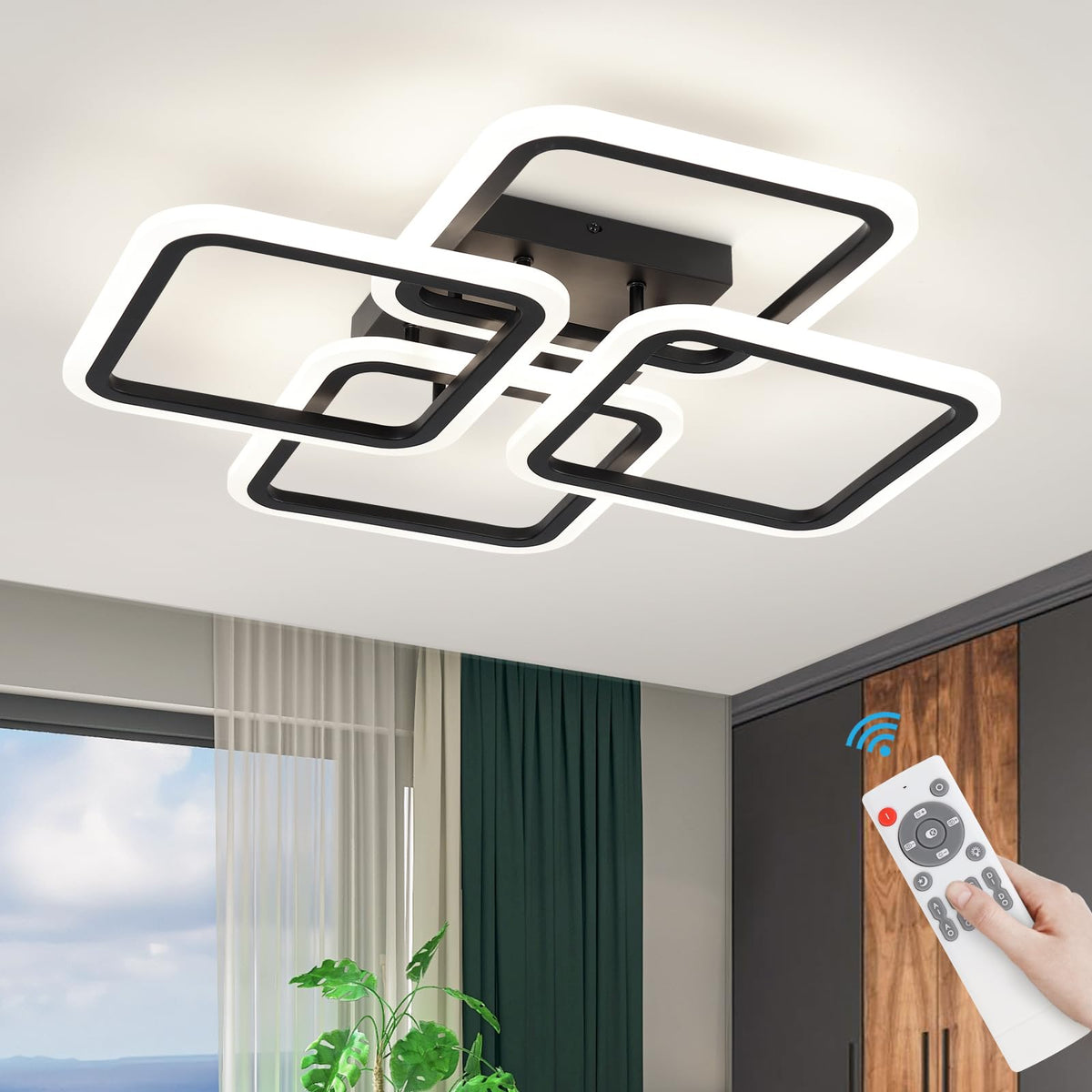 23.6inch Modern LED Ceiling Light 50W Dimmable Ceiling Lamp with Remote Control Square LED Flush Mount Ceiling Light Dining Room (Black / 23.62Inch)