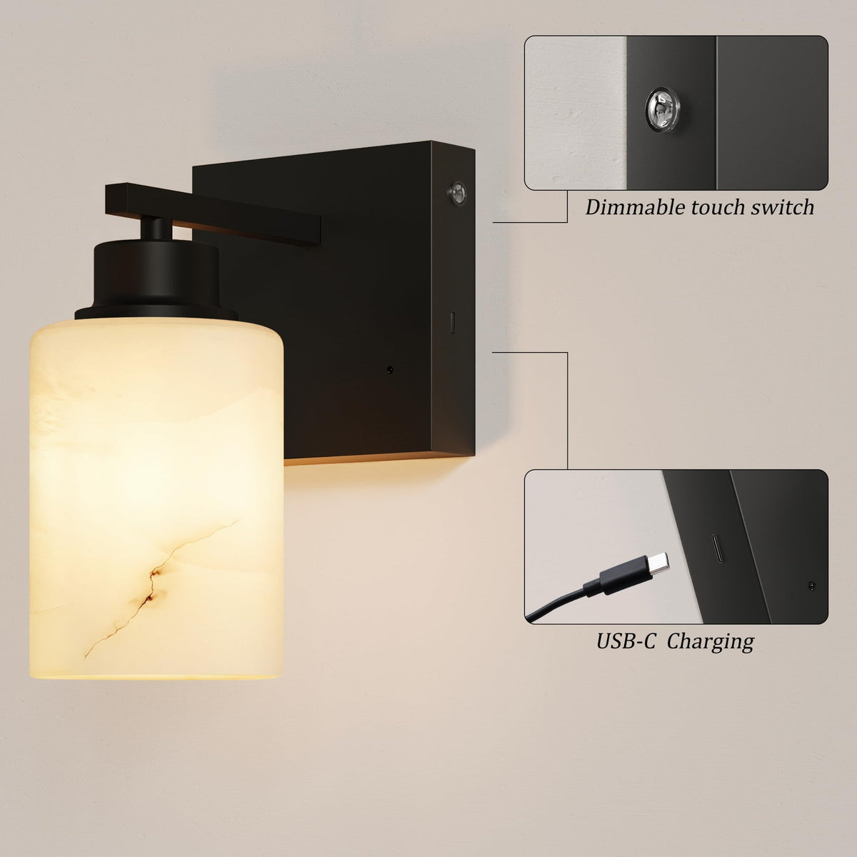 Alabaster Glass Battery Operated Wall Sconces with Remote (Black & Alabaster Shade)