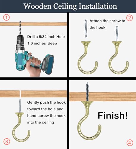Heavy Duty Ceiling Hooks for Hanging Plants 2 Pack (Gold)