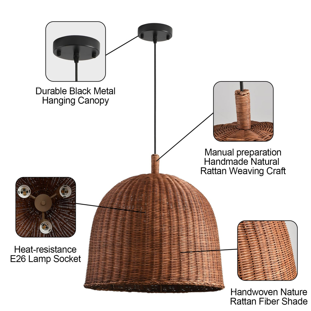 17.7" Rattan Pendant Light (Dark Brown Rattan / 17.7" 3-Light)