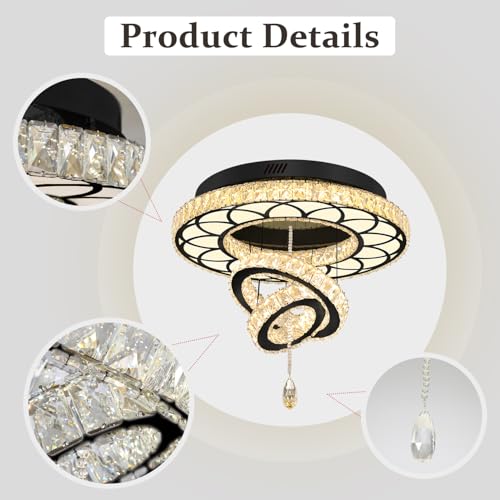 Dia 24" Modern Crystal Chandelier for Dining Room Black Ceiling Chandelier Flush Mount Ceiling Light for Living Room Bedroom Hallway (Black / W:24inches)