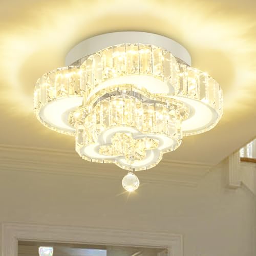 Dia 12'' Mini Crystal Chandeliers Silver Modern LED Chandelier Flush Mount Crystal Ceiling Lights Fixture Modern Pendant Light for Living Room Foyer Entryway (Silver / Dia 12")