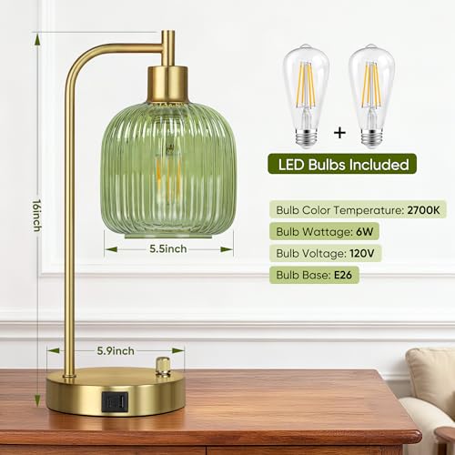 Green Glass Table Lamps Set of 2 (Gold&Green)