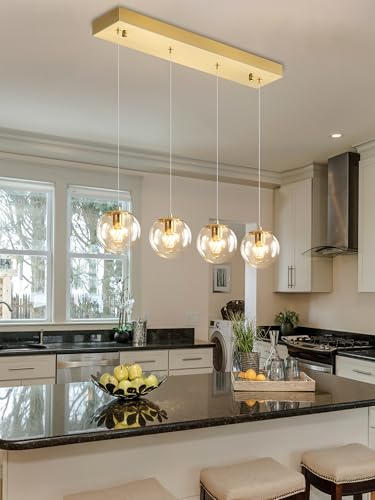 Chandeliers for Dining Room Gold Dining Room Lights Fixture Over Table Glass Globe Pendant Lights Kitchen Island Adjustable Hanging Lamp Ceiling for Bedroom Entryway Foyer (Gold-Clear / Rectangle 4-Light)