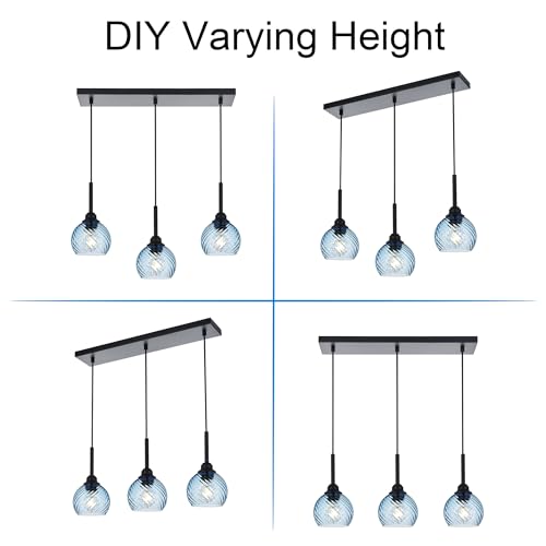 3 Light Island Lights for Kitchen with Striped Swirl Globe Glass (Blue / 3-Light-Straight Bar)