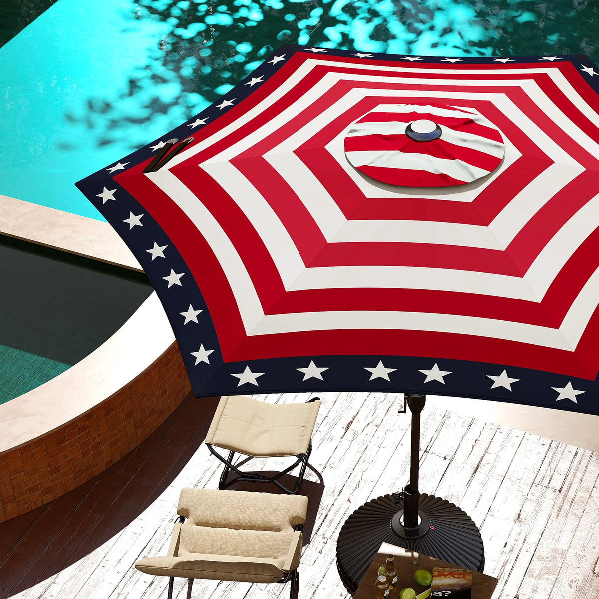 9FT Lyon Outdoor Patio Umbrella Outdoor Table Umbrella with Push Button Tilt and Crank Market Umbrella 6 Sturdy Ribs UV Protection Waterproof for Garden Deck Backyard Pool (9 FT(6 Ribs) / Star Stripe)