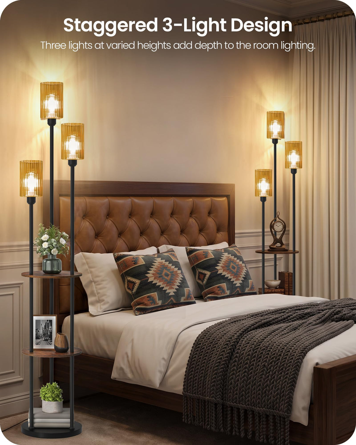 71" Floor Lamp with Shelves (Rustic Brown + Amber Glass)