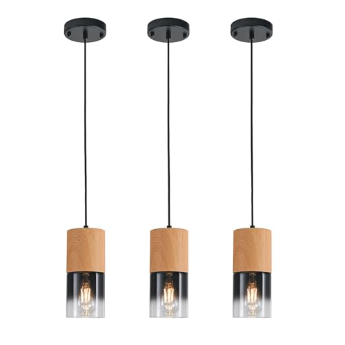 3 Pack Modern Pendant Lights for Kitchen Island (Wood Grain & Black—Cord / 3 Pack)