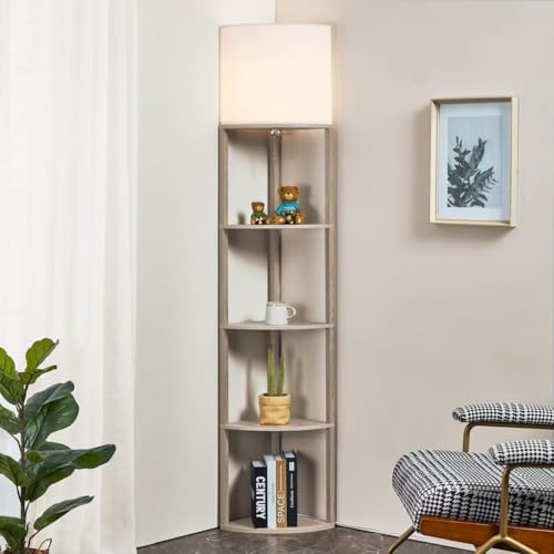 Corner Floor Lamp with Shelves (Whitewashed Oak)