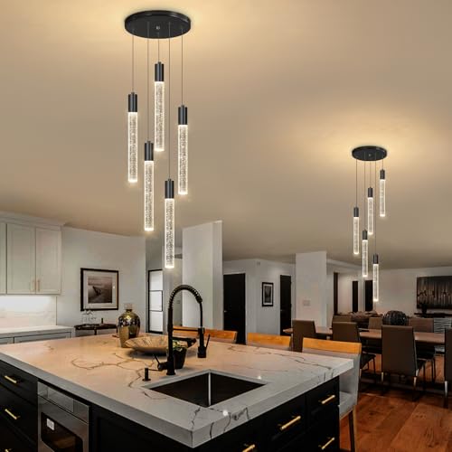 5 Lights Chandelier Modern Crystal Glam Light Remote Dimmable Pendant Lighting for Kitchen Island Dining Room Matte Black Light (5 lights / Black)