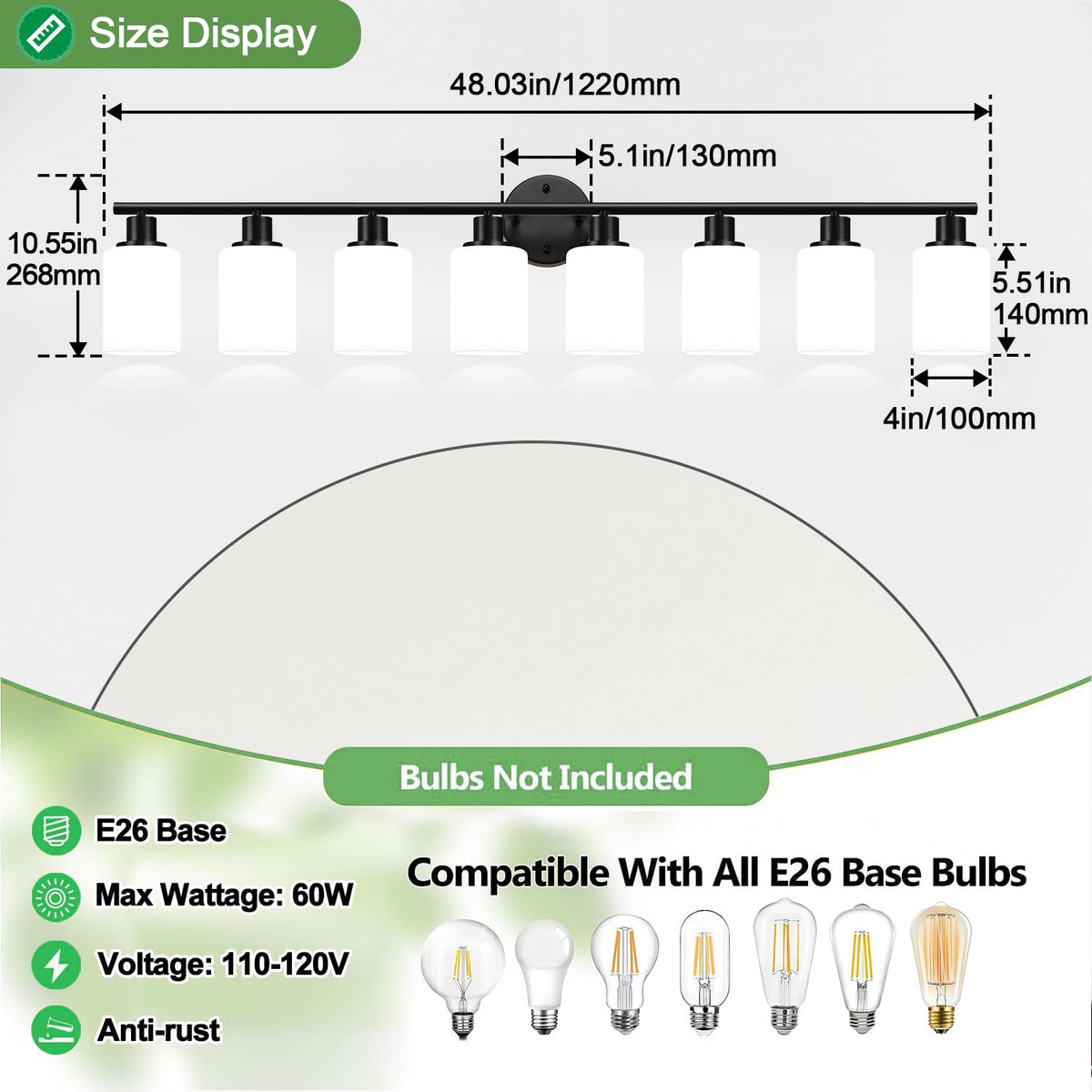 8 Light Bathroom Light Fixtures (Matte Black & Milky White Glass / 8-light)