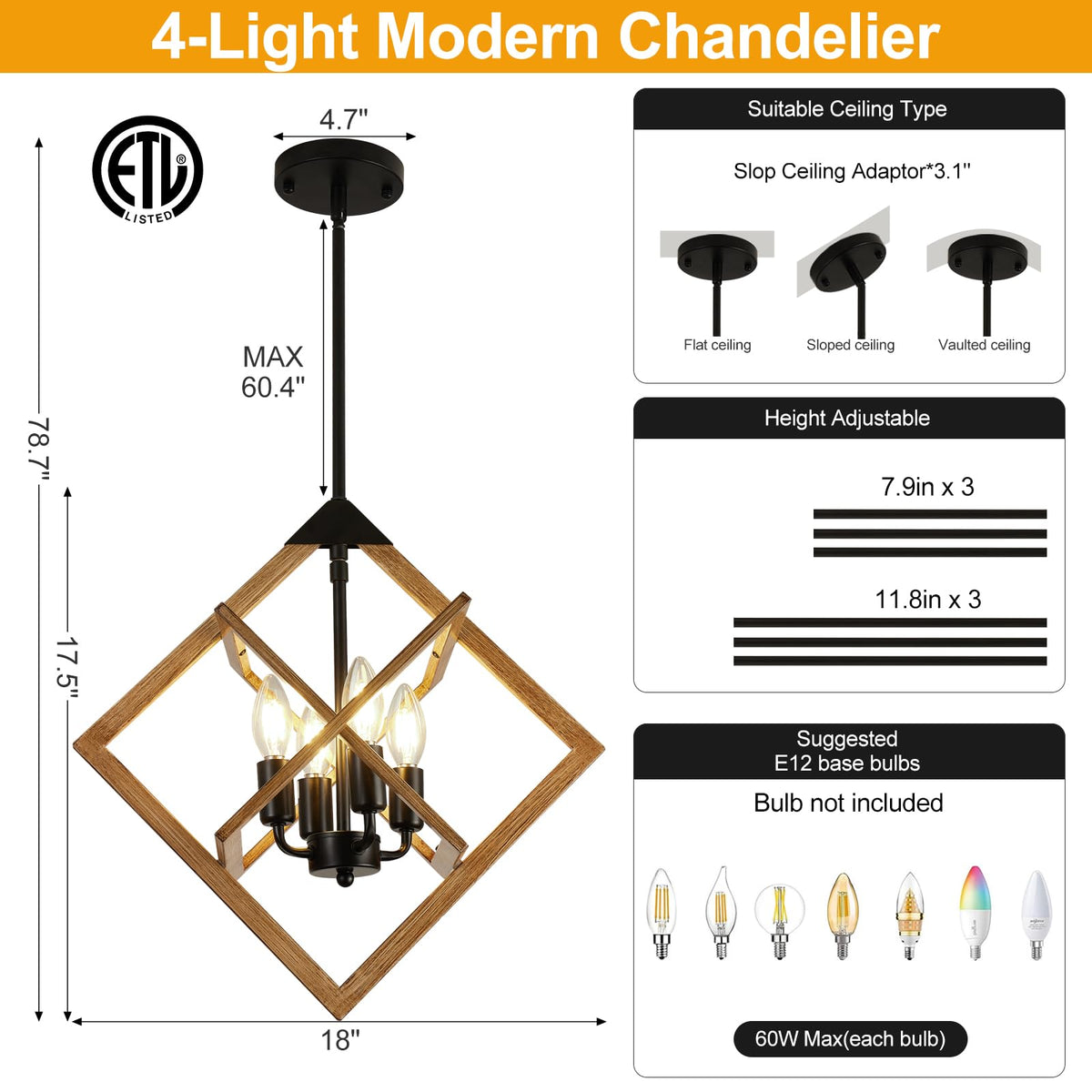 Modern Chandelier for Dining Room (Wood Grain-18"(No Assembly Required) / 4-Light)