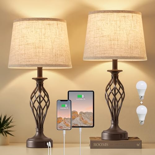 Table Lamp for Bedroom Set of 2 with USB C+A Ports (Brown Base + Beige Lampshade)