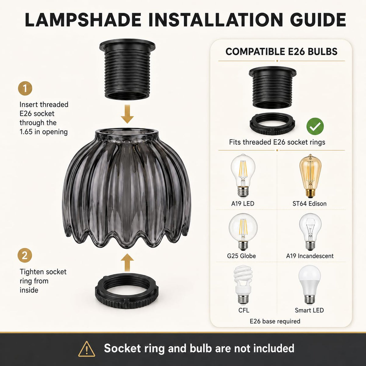 Dark Grey Tulip Glass Lamp Shades 3Pcs (Tulip Dark-Grey / 3 Pack)