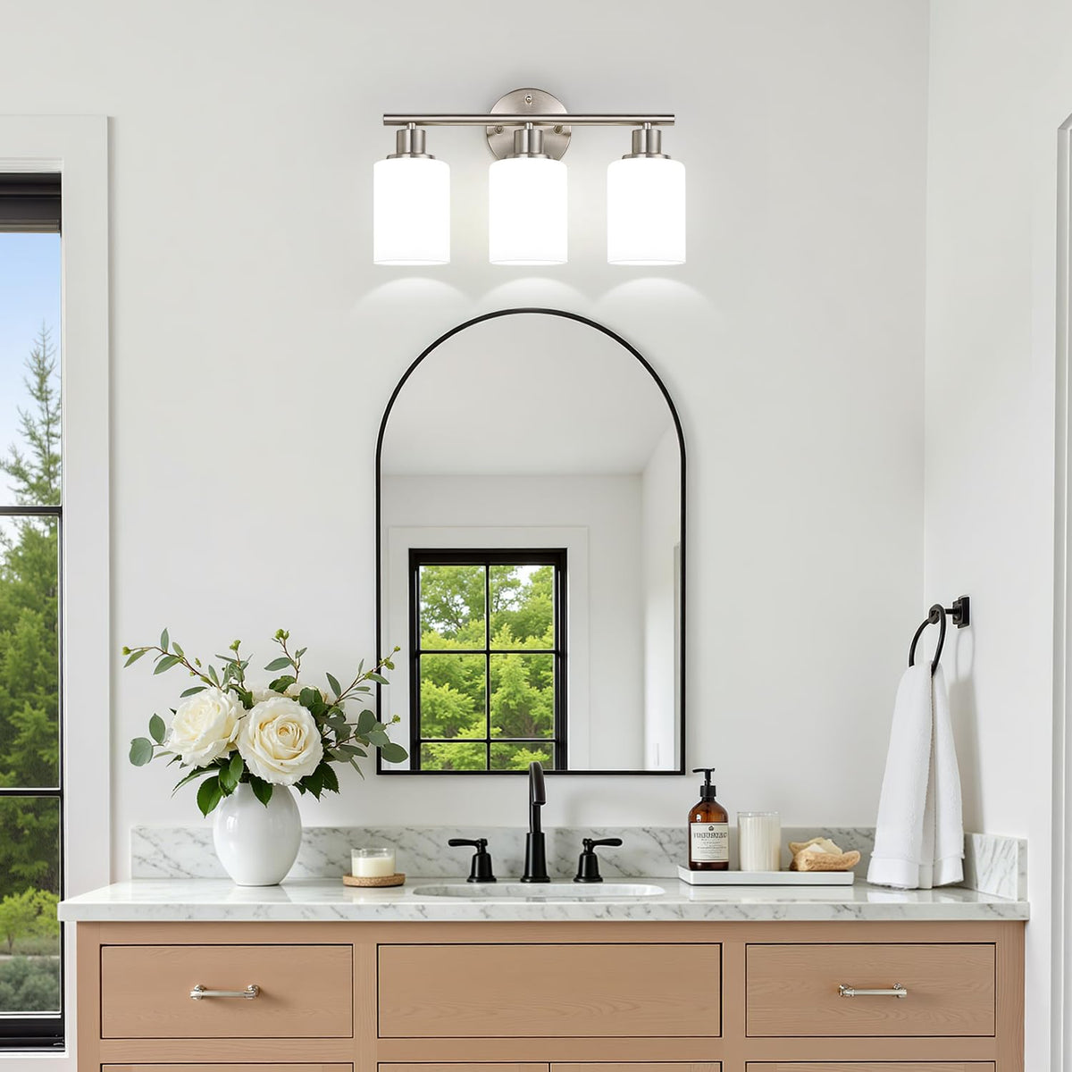 3 Light Bathroom Light Fixtures (Brushed Nickel & Milky White Glass / 3-light)