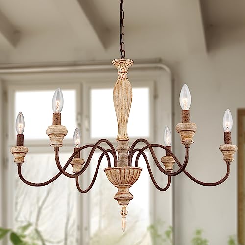 6 Light 28in Farmhouse French Country Chandelier for Dining Room (Brown)