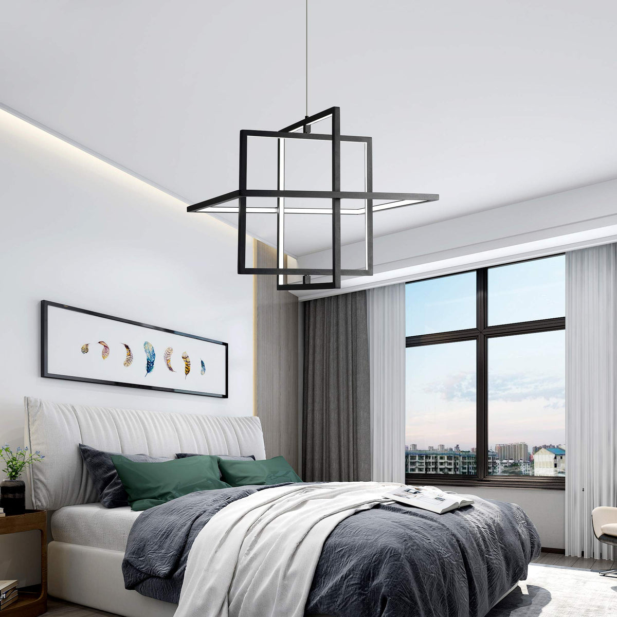 Modern Black LED Square Hanging Pendant Chandelier (Black / 3 Rings)