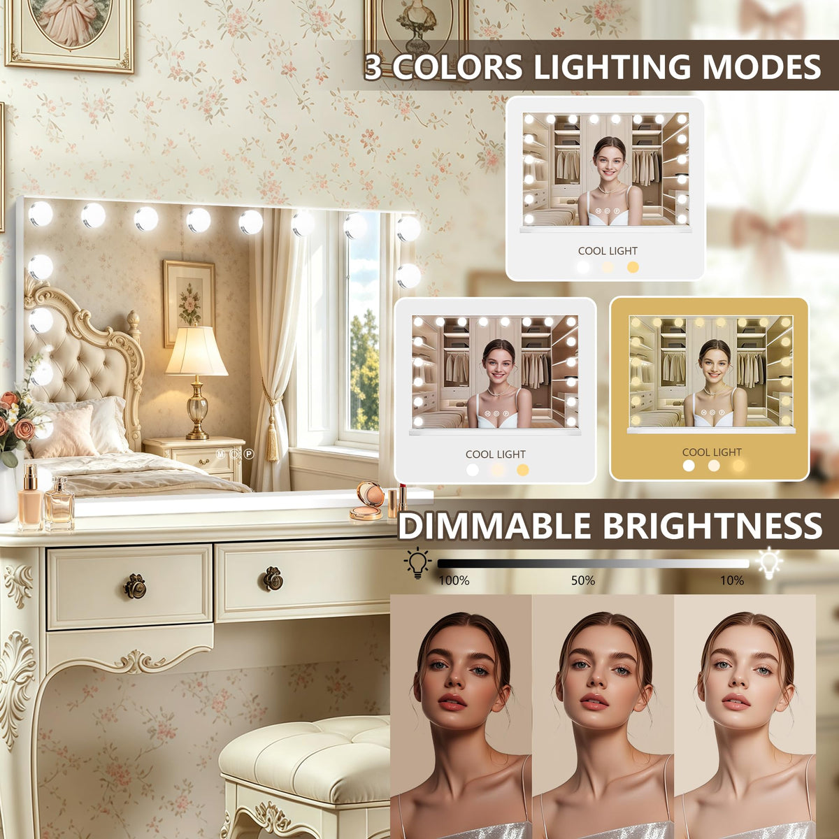Hollywood Vanity Mirror with Lights (White / 36"L x 24"W)