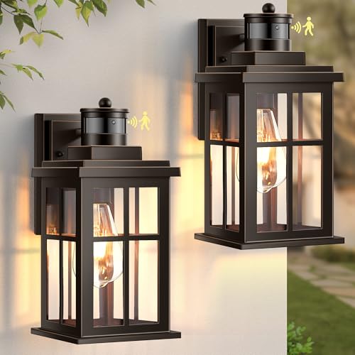 Distance Adjustable Outside Lights for House (Motion Sensor 2 Pack / Oil-Rubbed Bronze(Gold Trim))