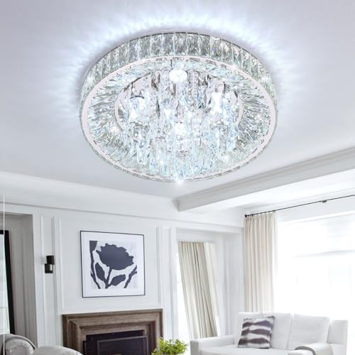 Modern Crystal Chandeliers for Dining Room LED Light Fixture Close to Ceiling Chandelier Flush Mount Ceiling Light Dimmable Lamp with Remote for Living Room Bedroom Hallway 2700K 6000K (Silver / 19.7" Width)
