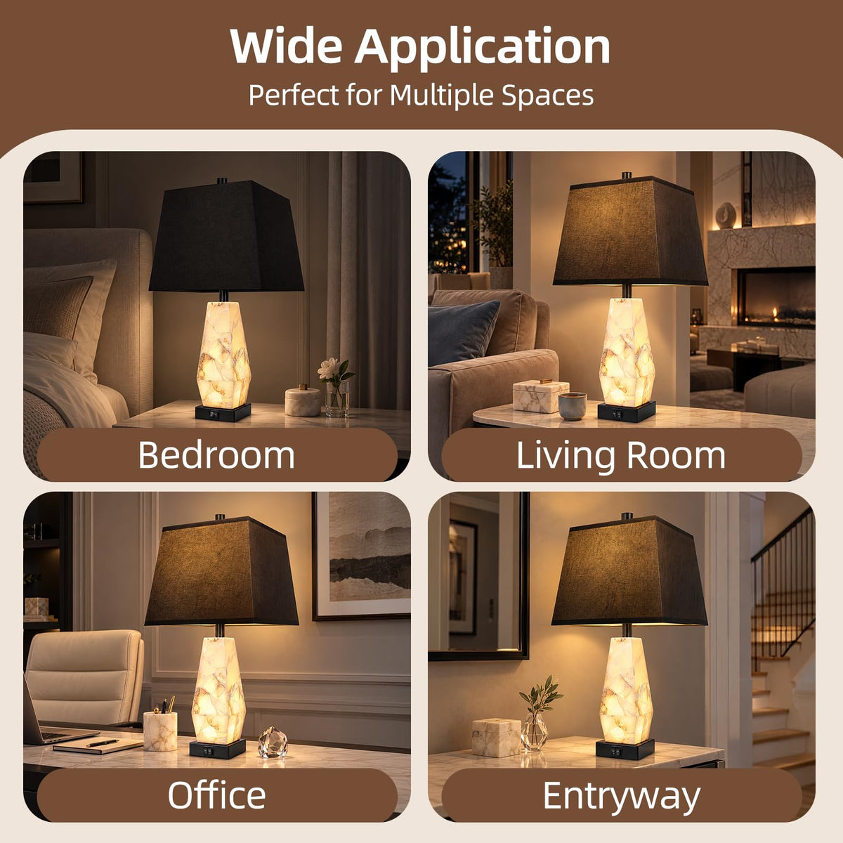 25" Alabaster Table Lamps Set of 2 with Night Light (Ivory White)