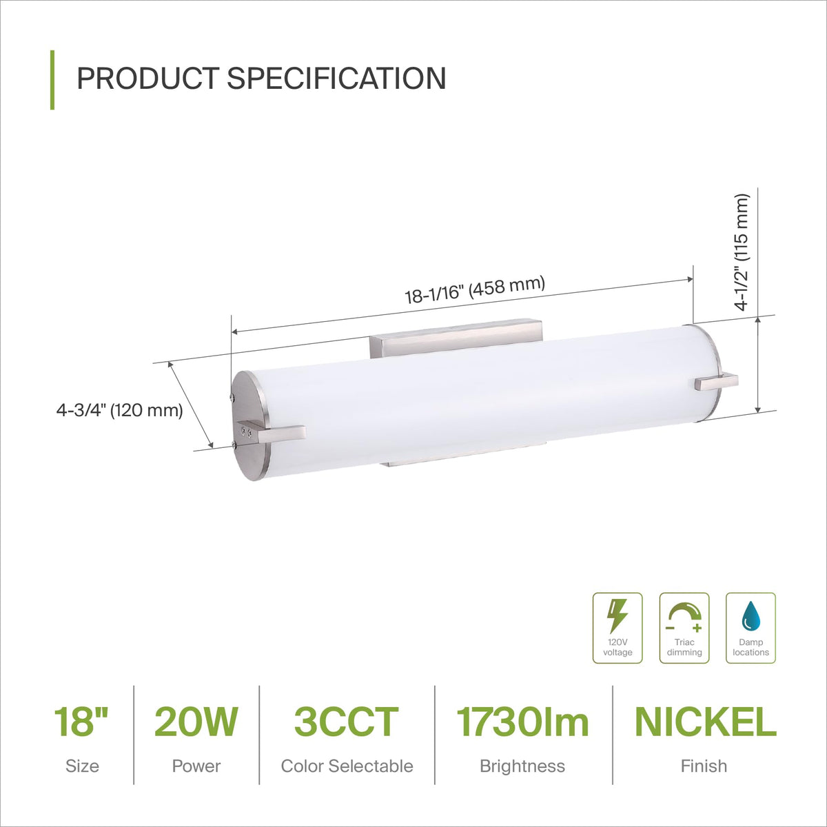 LED Vanity Light Fixture (Brushed Nickel | Cylinder / 120V | 18 Inch (2pk))