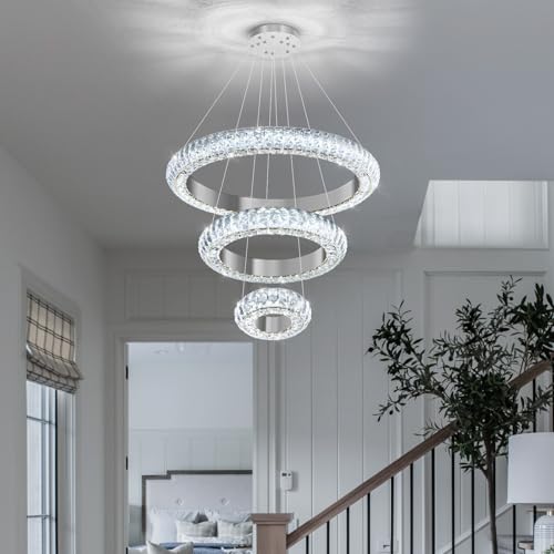 23.6" 3 Ring Crystal Chandelier Modern LED Dimmable Ring Pendant Light Round Chandelier for Dining Room Living Room Silver (Silver / 3 Ring Round 24")