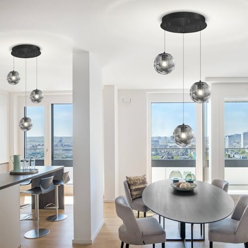 3 Light Black Pendant Light Fixtures Modern Smoke Gray Glass Globe Pendant Lights Kitchen Island Adjustable Hanging Lights Globe Stairwell Lighting Black Chandelier for Dining Room (Smoke Grey / Globe 3-Light)