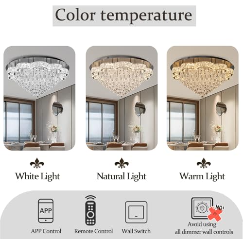 40in Black Modern LED Crystal Chandelier for Living Room Round Crystal Ceiling Light Fixtures Flush Mount Chandeliers Ceiling Chandelier for Foyer Hallway Dining Room (Black / 40inch)