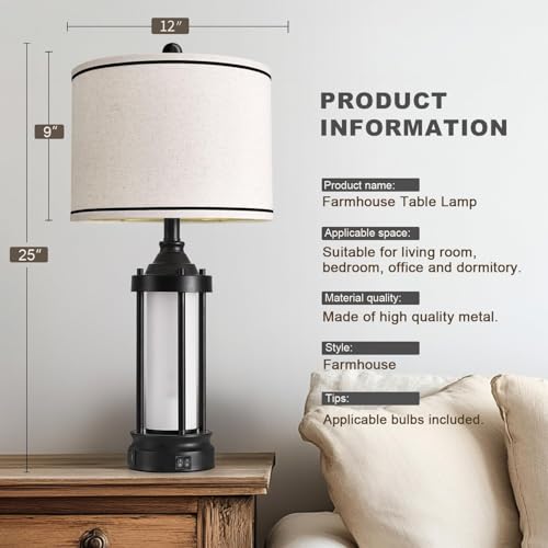 25'' Table Lamps for Bedroom Living Room Lamps Set of 2 Farmhouse Nightstand Bedside Lamps with USB Ports (Black & Beige)