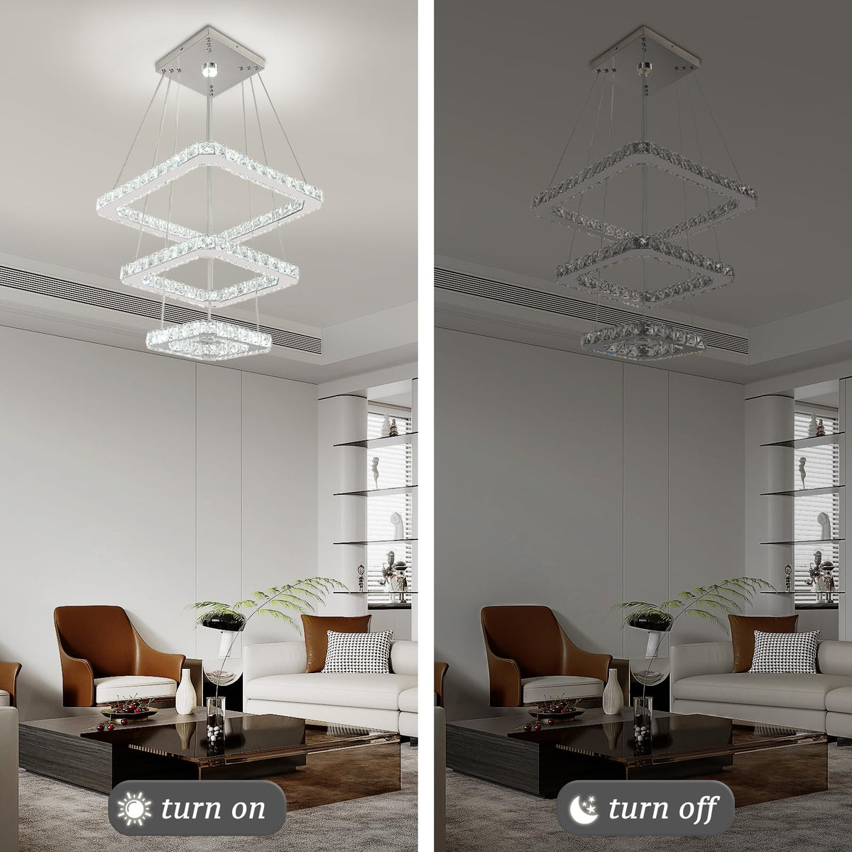 Square 3 Ring Crystal Chandelier Adjustable Height Cool White