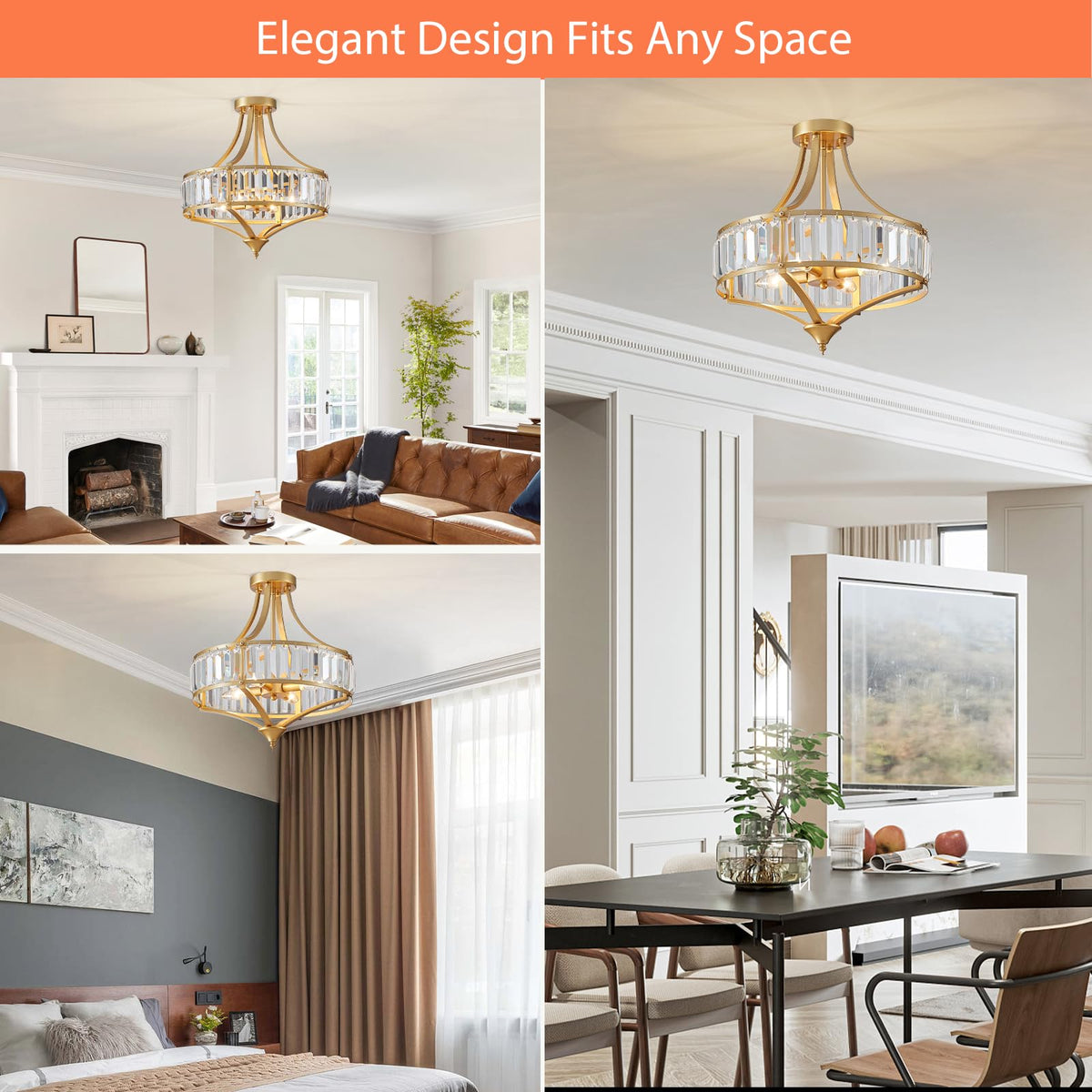 Modern Gold Crystal Chandelier 4 Lights Semi Flush Mount Ceiling Light Fixture E12 Base Farmhouse Mid Century Chandelier for Dining Room Bedroom Hallway Entryway Kitchen (Ceiling Light-Gold)
