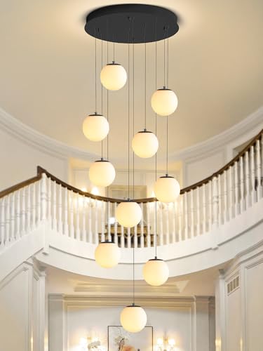 10 Light Black Chandelier with White Globe Glass Dimmable Ceiling Light Glass Pendant Light for Kitchen Island (Black-White / Globe 10-Light)