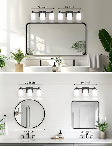 Bathroom Vanity Light Fixtures Over Mirror with Milk Glass Shade (Black & Milky White / 3-Light)