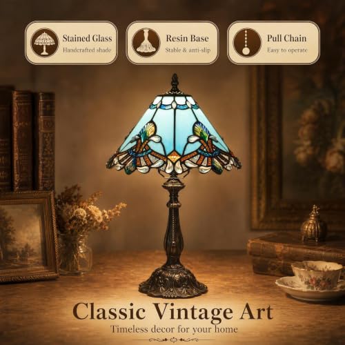Tiffany Table Lamp Stained Glass Bedside Reading Light W12H19 inch (Sapphire Baroque Style)