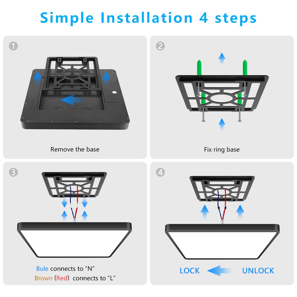 12Inch 24W Square LED Ceiling Light Fixtures Flush Mount (Warm White / 12 inch Black)