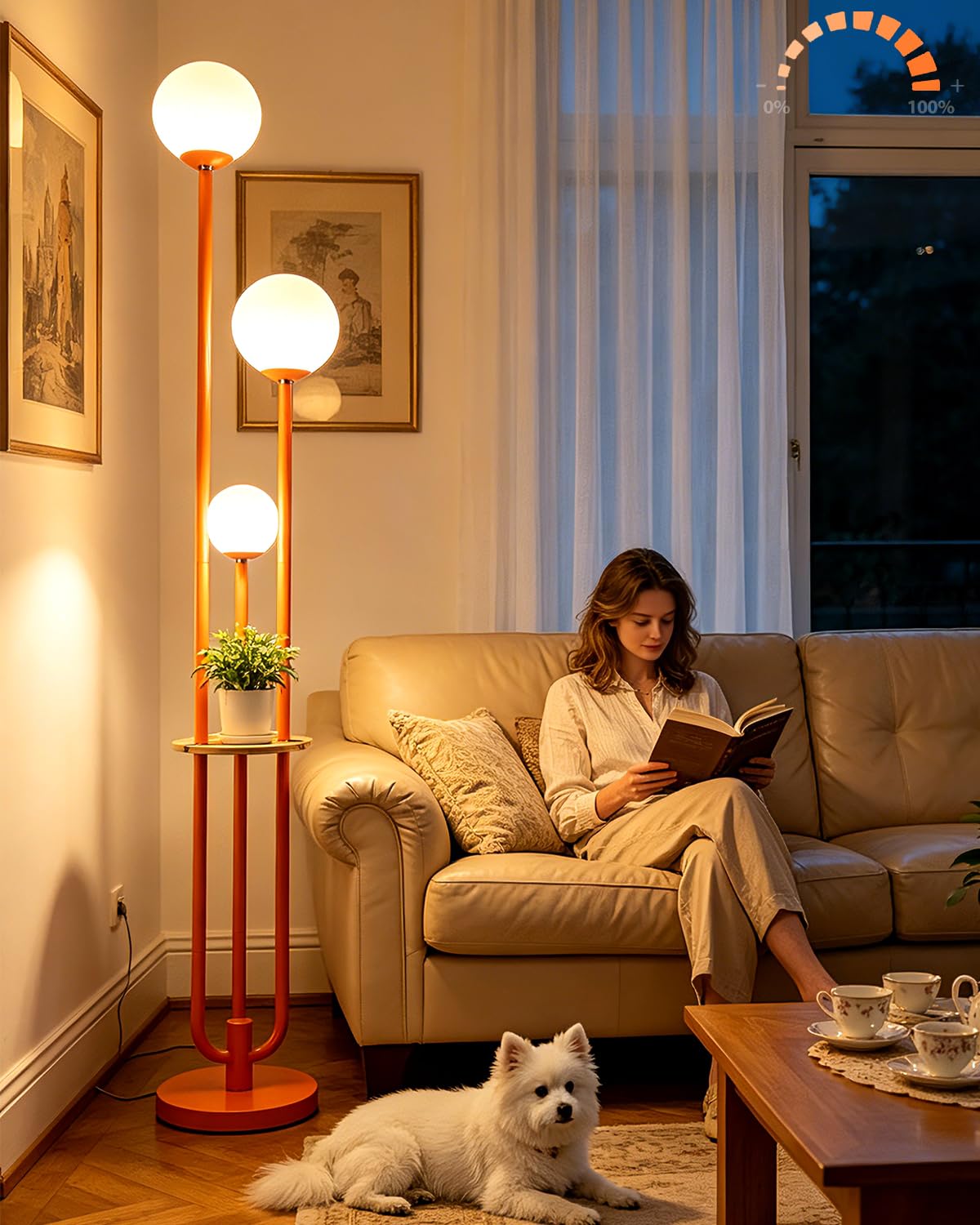 Dimmable 3 Light Globe Floor Lamp with Storage Shelf (Orange-3UE)
