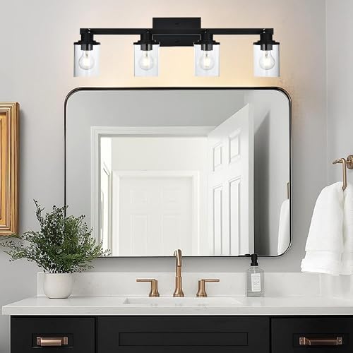 4 Lights Ceiling Light Fixtures with Flexibly Rotatable Light Head Black Bathroom Lights Modern Complete Track Lighting Kits with Clear Glass Shade (Black / 4-Light)
