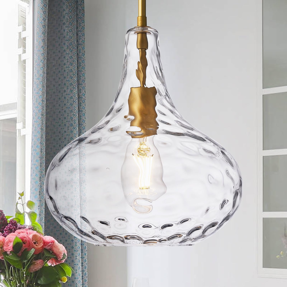 11" Clear Hammered Glass Pendant Light (Gold)