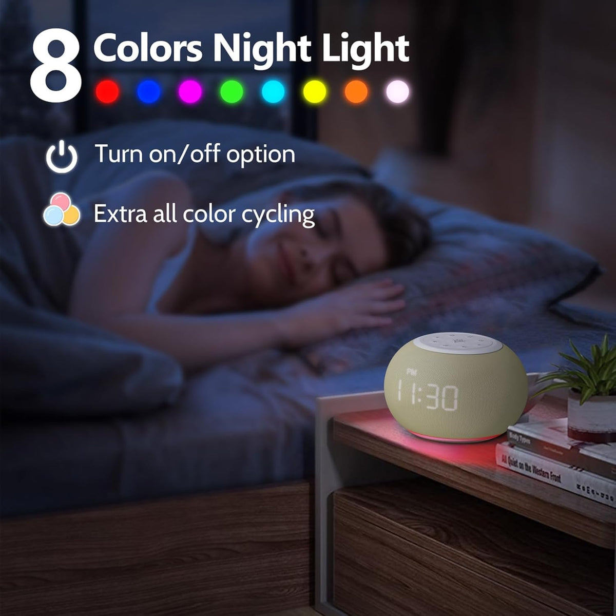 Auto Dimmable Sound Machine Alarm Clock with Night Light for Girls (Beige)