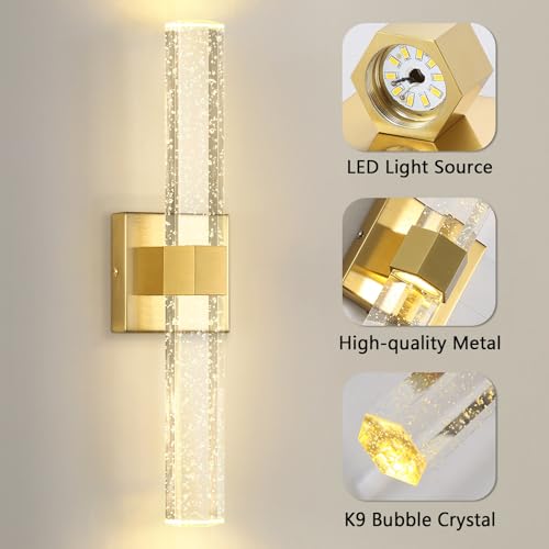 Gold LED Wall Sconce Lights Warm Light Modern Crystal Wall Lights Vanity Lighting Fixtures Sconces for Bathroom Living Room Bedroom Dining Room Hallway (Gold / set of 1)