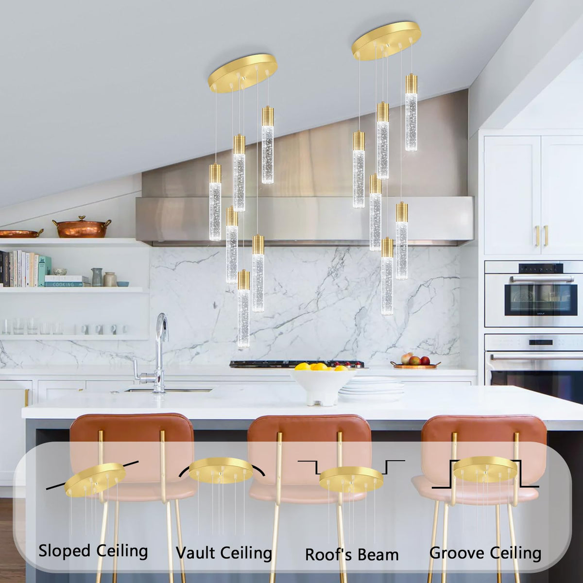 6 Lights Modern Crystal Chandeliers for Dining Room Kitchen Island Crystal Pendants Light Fixture High Ceiling Hanging for Entryway Bedroom Foyer 6000K (Gold / 6-lights)
