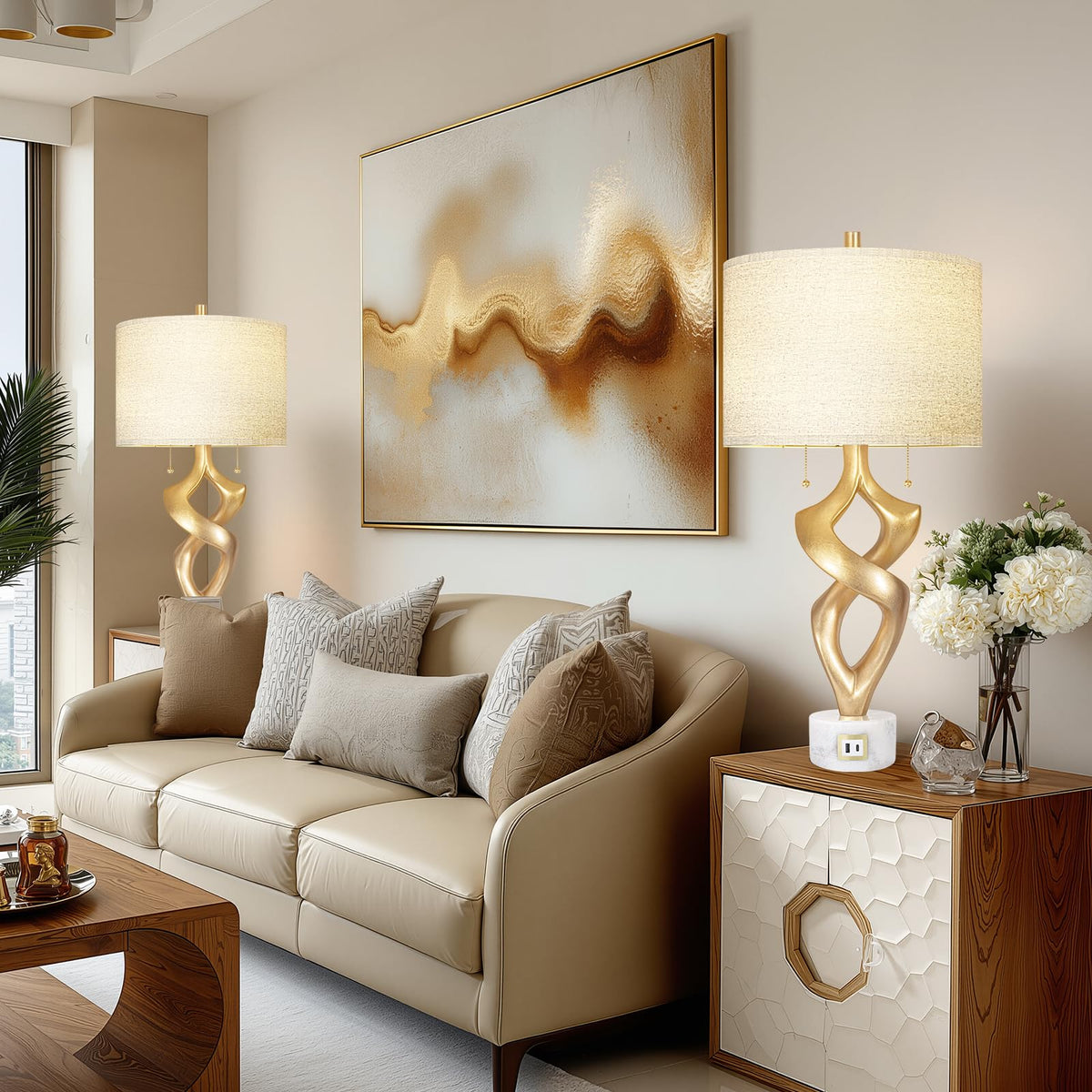 31” Tall Sculptural Table Lamp Set of 2 with USB Ports for Bedroom (31 inches Gold Leaf -028-SL)