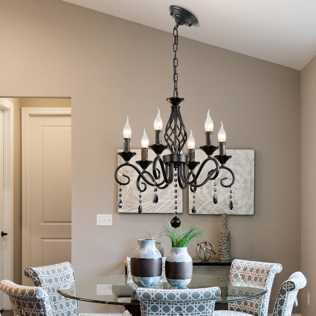 6 Light Black Crystal Chandelier (Black/6 Lights/Crystal)