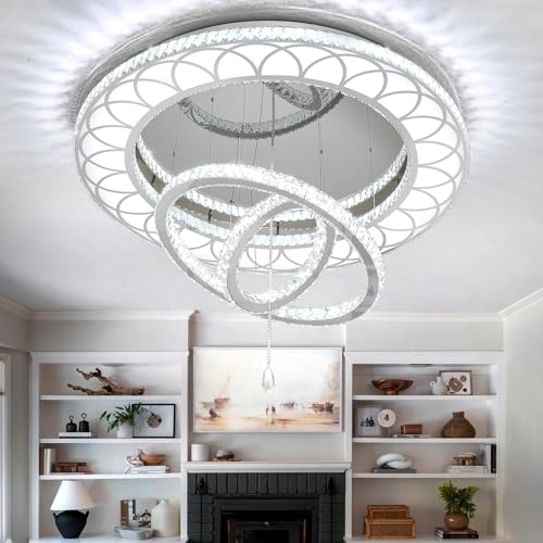 Dia 48" Large Crystal Chandelier Modern LED Ring Chandeliers Dimmable Flush Mount Chandelier Crystal Ceiling Light for Living Room Bedroom Foyer (Silver / W:48inches)