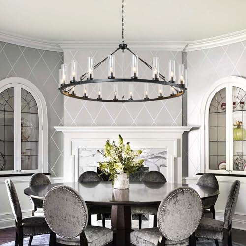 20 Light Large Wagon Wheel Chandelier with Clear Glass Shade Black Round Pendant Light Farmhouse Industrial Chandeliers Dining Room Light Fixture for Stair Living Room Foyer Kitchen (Black / 1 Tier-20 Lights)